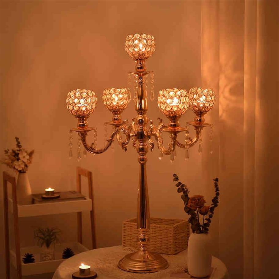 5 Arms Metal Candelabra Ev Tatil Dekorasyon Masası Centerpieces Düğün Partisi Şamdan 220208292g için kristal mum tutucular