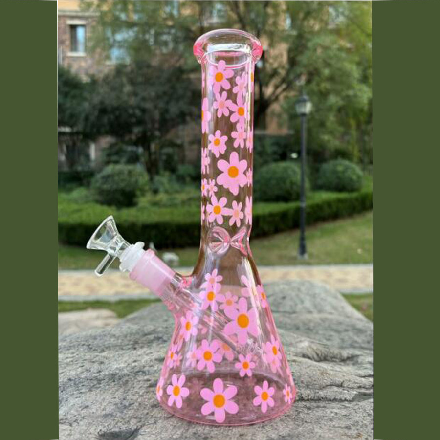 Bong in vetro rosa Bubbler Heart Narghilè becher Base Dab Rigs Downstem Perc Water Bong con giunto da 14 mm alto 25 cm