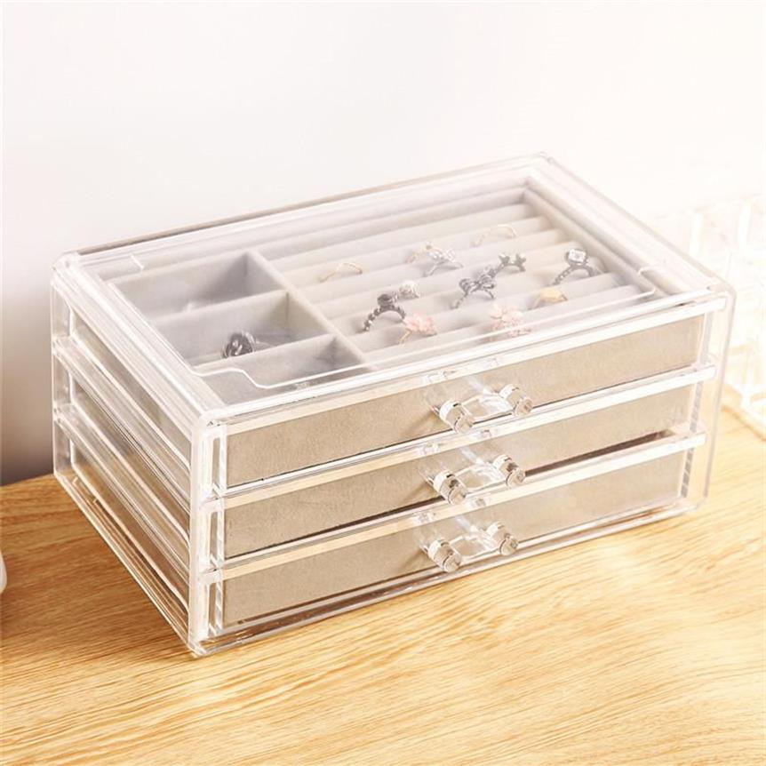 Jewelry Pouches Bags Clear Acrylic Jewellery Storage Box Women 3 Drawers Velvet Organiser Earring Bracelet Necklace Rings Case Ho237P