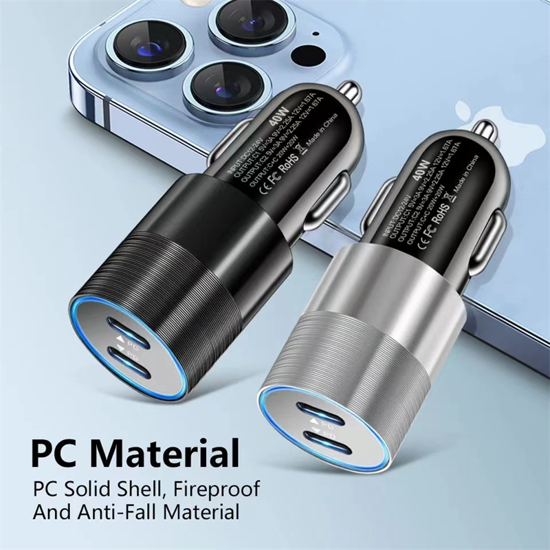 Dual USB Type C Car Charger 40W Dubbel PD Charger Adapter Snabb laddning av USB C -laddare för iPhone 15 Samsung S24 S23 Xiaomi -mobiltelefon