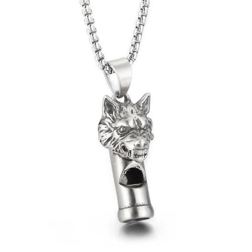 Gothic Wolf Head Whistle Necklace Pendant Casting Stainless Steel Rolo Chain Jewelry For Mens Boys Cool Gifts Silver Polished Blin2666