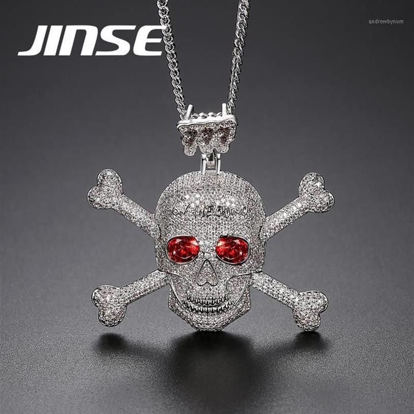 Jinse colar com pingente de caveira, strass completo punk vermelho cz pedra esqueleto caveira para homens cor dourada joias hip hop presente corda corrente1253u