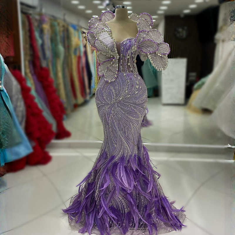 Lavendel Luxe Aso Ebi Galajurken voor Speciale Gelegenheden Veren Zeemeermin Kraal Rehinestones Avondjurken Elegant Tweede Receptie Jurken Verloving AM270