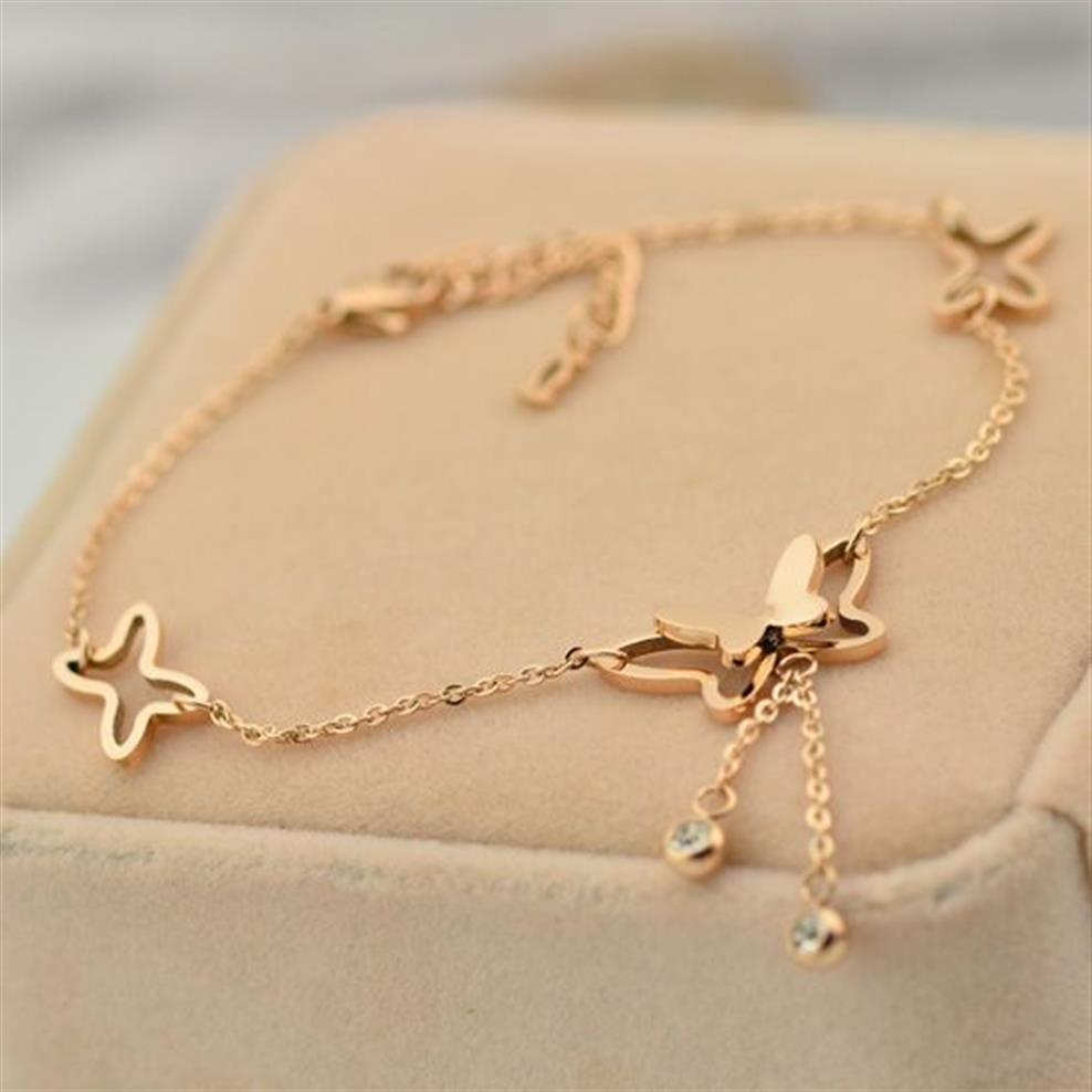 Delikat fjärils Anklet Rose Gold Titanium Steel Chain Armband Women Girl Lover Barefoot Fashion Foot Chain Jewelry237R