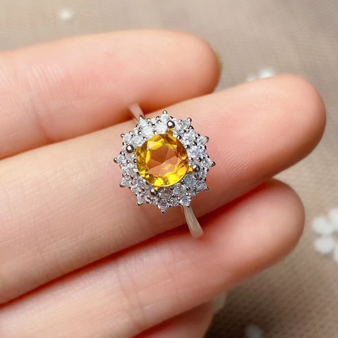 Bague classique en argent avec pierres précieuses, 6mm, 0,8 ct, en Citrine naturelle, pour un usage quotidien, bijoux en cristal jaune en argent 925