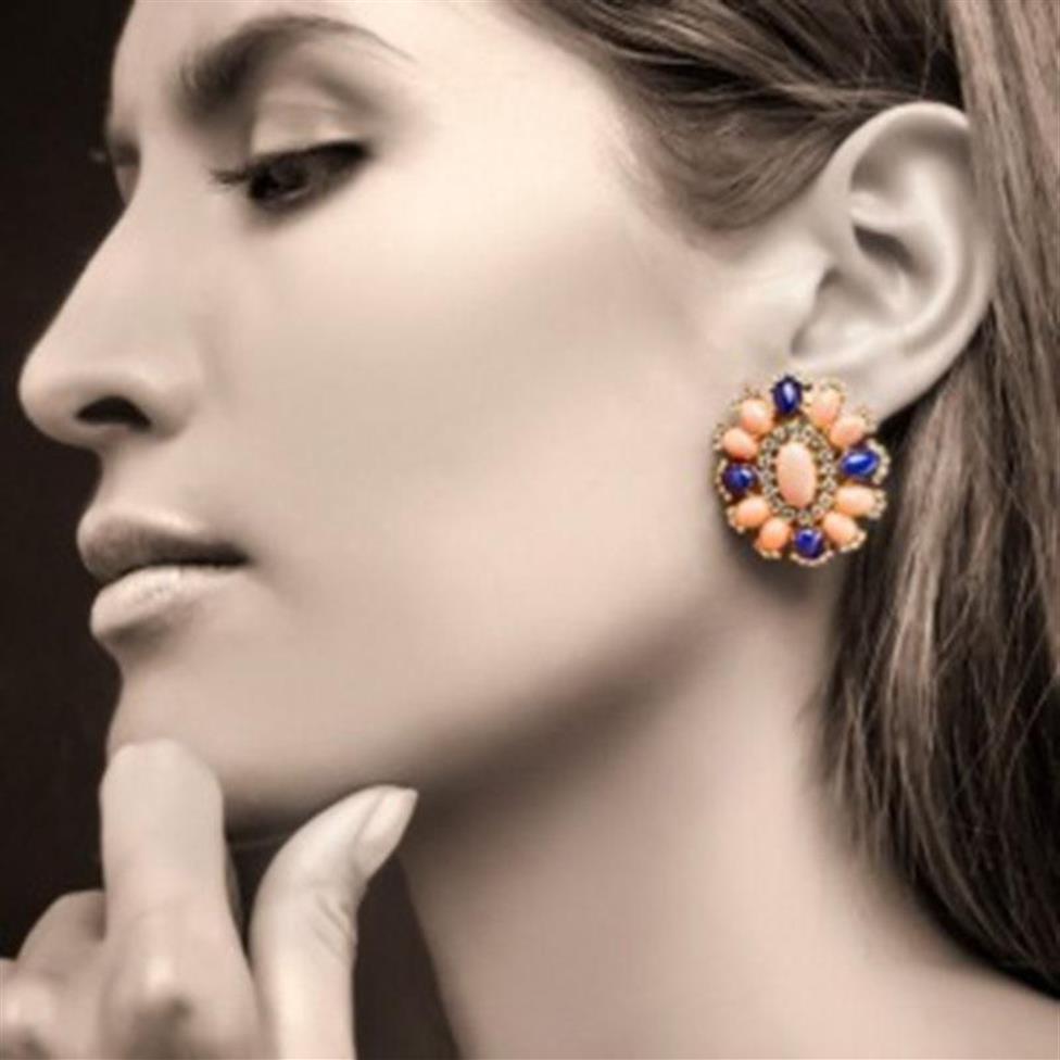 Gorgeous Flower Crystal Coral Color Stone Earring Studs Charms Accessories Dark Blue Ornament Female Large Earrings Z5X569 Stud283v