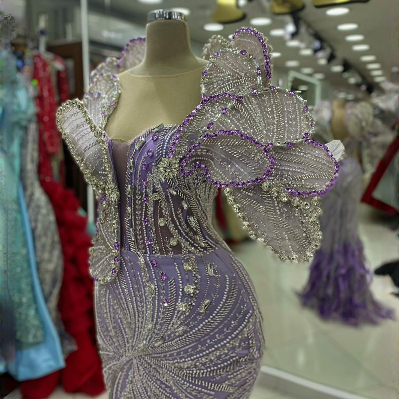 Lavanda Luxuoso Aso Ebi Vestidos de Baile para Ocasiões Especiais Pena Sereia Bead Rehinestones Vestidos de Noite Elegantes Segunda Recepção Vestidos de Noivado AM270