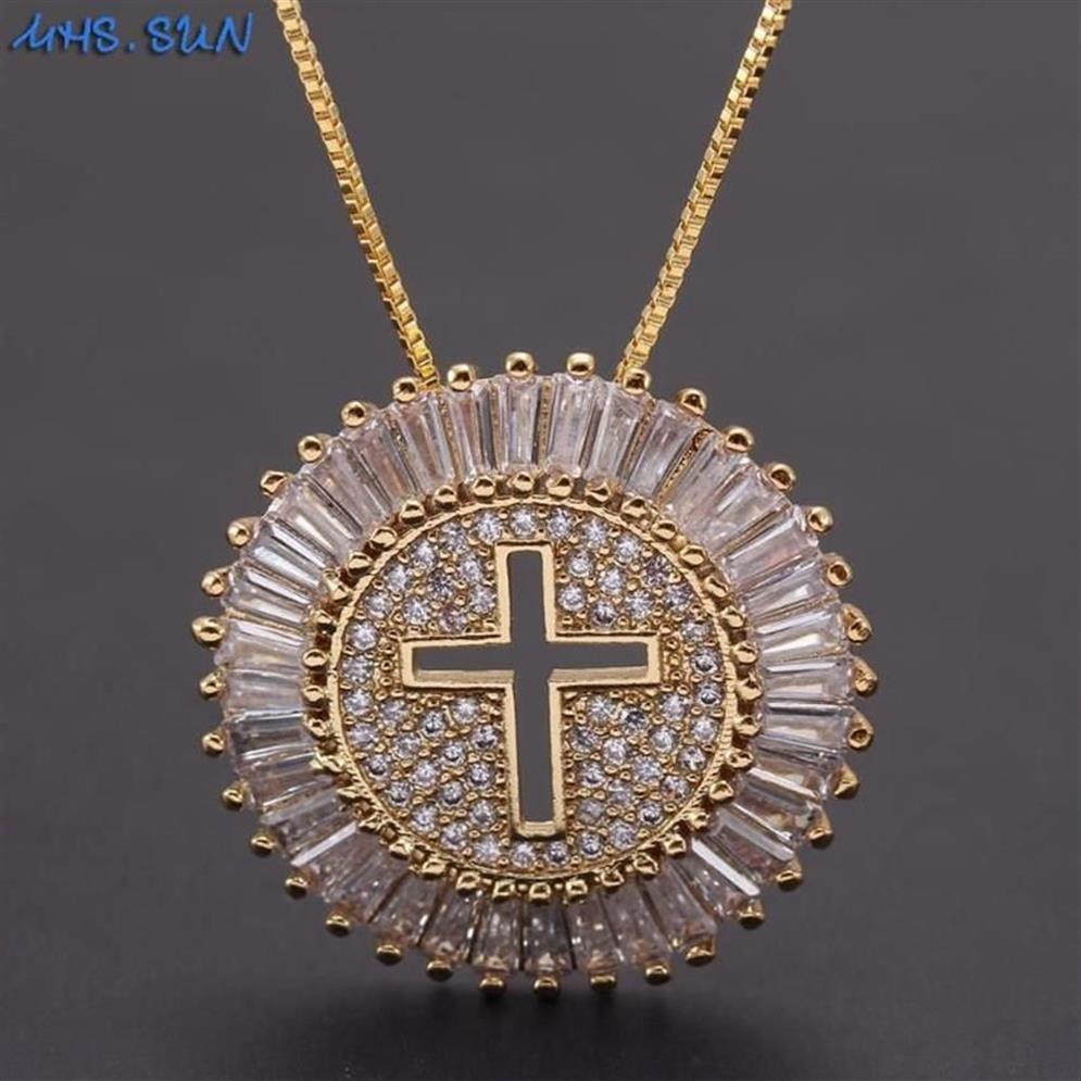 MHS SUN Luxury Round CZ Zircon Necklace Catholic Cross Pendant Chain Necklace Collier Femme Gold Color Jewelry Christmas Gift235g