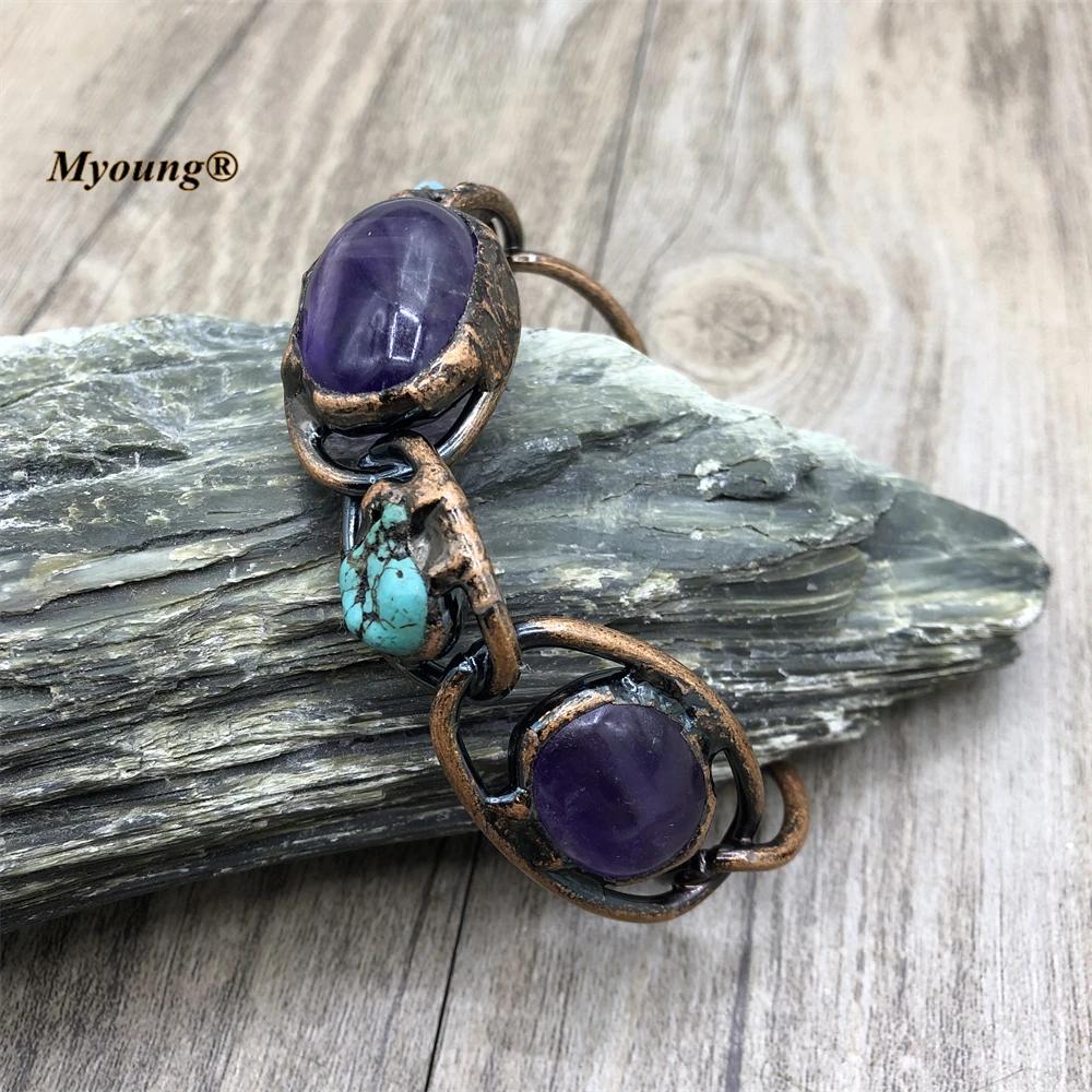 Bangle Bohemia Jewelry Soldering Bronze Plated Natural Amethysts Turquoises Stone Vintage Adjustable Cuff Bracelets For Women MY220818