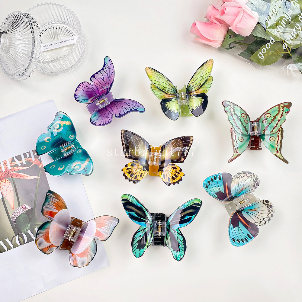3D färgglada stora fjärilar Kvinnor Hårkloklämmor Akryl Crab Hair Clip Catch Clip Ponytail Hairpins Barrettes Hårtillbehör
