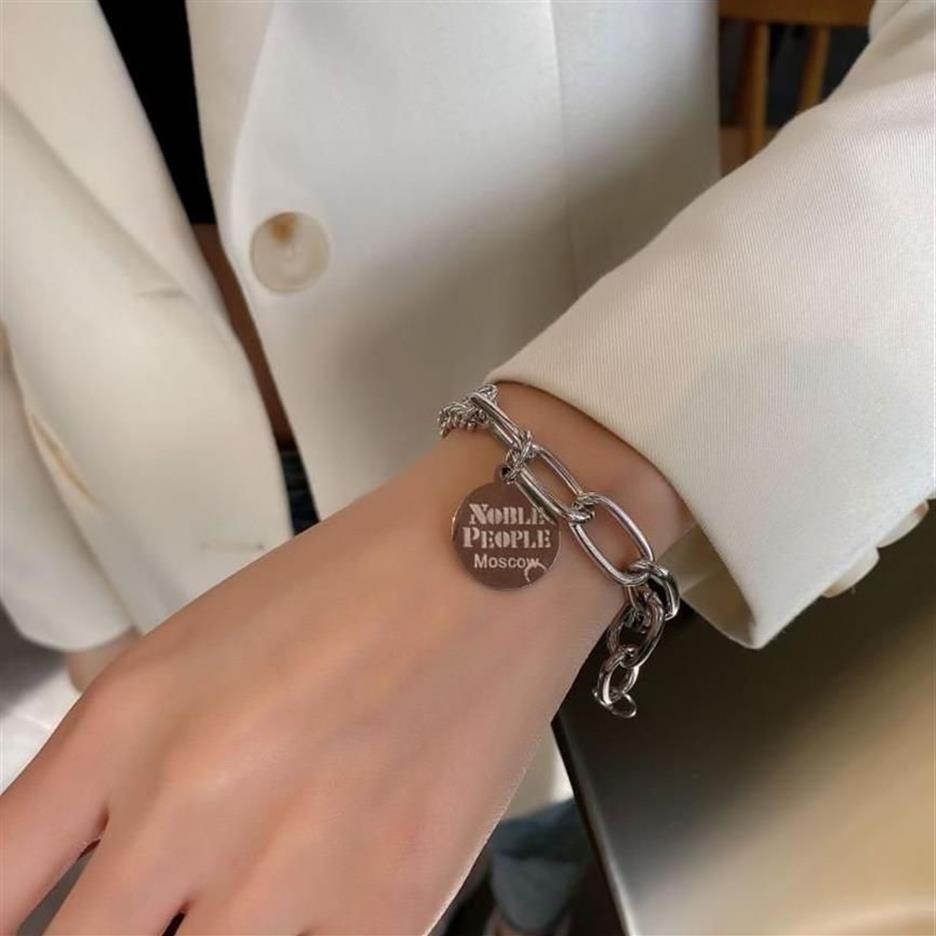 Link Chain Silver Color Punk Bangle Classic Hip Hop Harajuku Thick Thin Double Pendant Link Round Bracelet For Men Jewelry257G