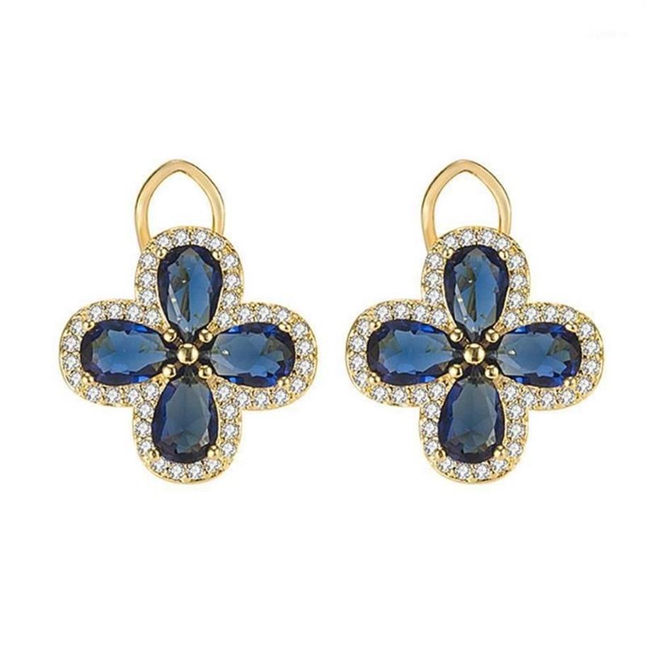 Stud Vintage Royal Clover Mavi Kristal Safir Taşlar Elmas Küpeler Kadınlar İçin Altın Renk Takıları Bijoux Party Accessorie1245n