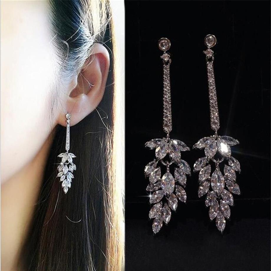 Boucle d'oreille longue étincelante bijoux de luxe 925 Stelring argent Marquise blanc topaze CZ diamant pierres précieuses femmes mariage Dangle Earr3146