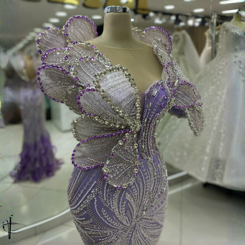 Lavanda Luxuoso Aso Ebi Vestidos de Baile para Ocasiões Especiais Pena Sereia Bead Rehinestones Vestidos de Noite Elegantes Segunda Recepção Vestidos de Noivado AM270