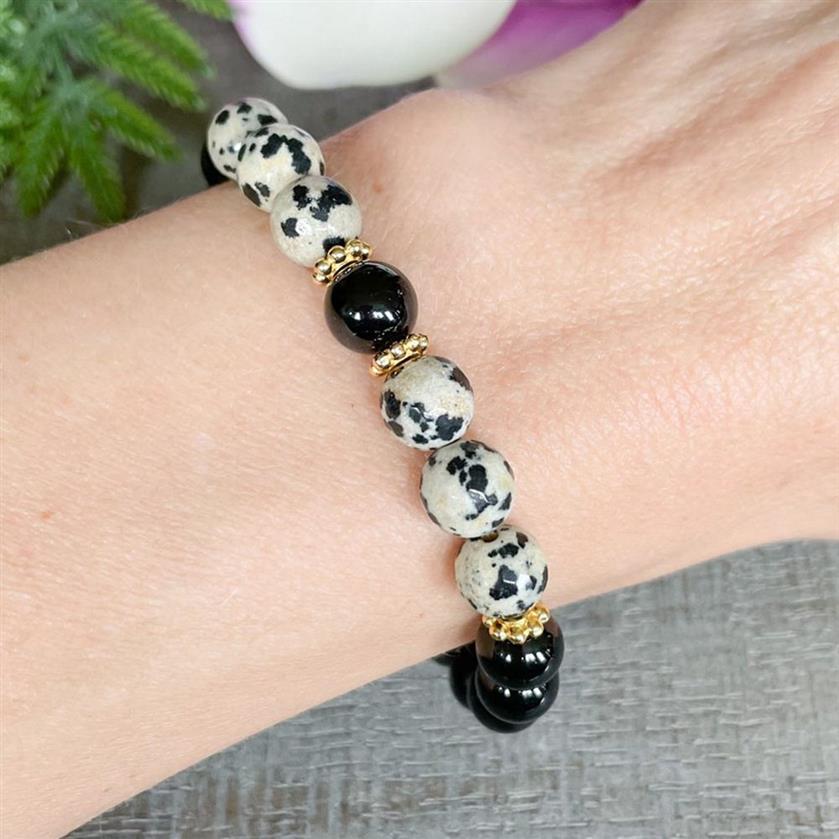 MG1503 Strand Black Tourmaline and Dalmatian Jasper Beaded Bracelet Gemstone Healing Crystals Bracelet Mala for Negative245i