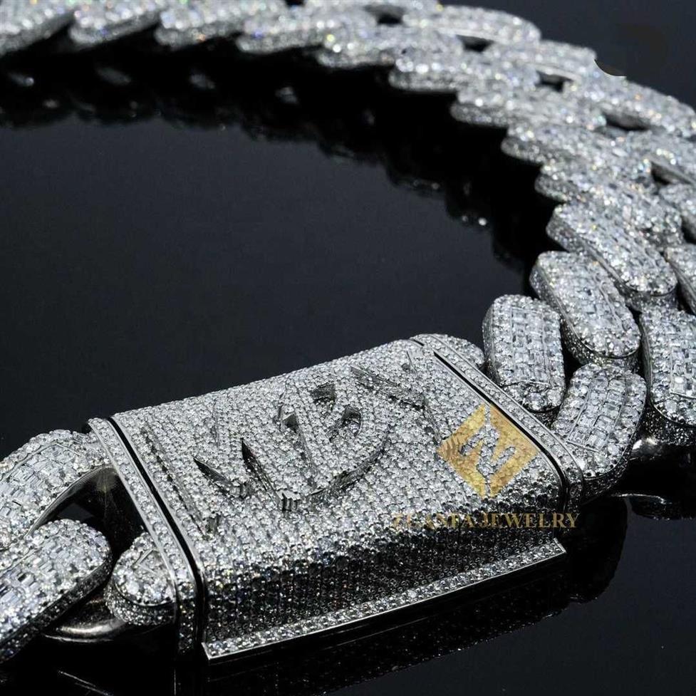 Duży ciężki naszyjnik męski srebrny 925 lodowany vvs moissanite bagietka diamentowy hip -hop Cuban Link Chain230J