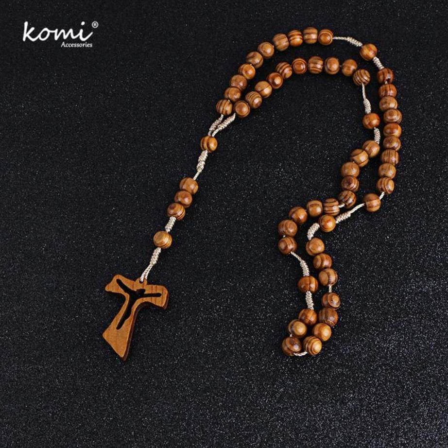 Pendentif Colliers Komi Catholique Christ Orthodoxe Perles En Bois Creux Croix Collier Pour Femmes Hommes Religieux Jésus Rosaire Bijoux Gi254p