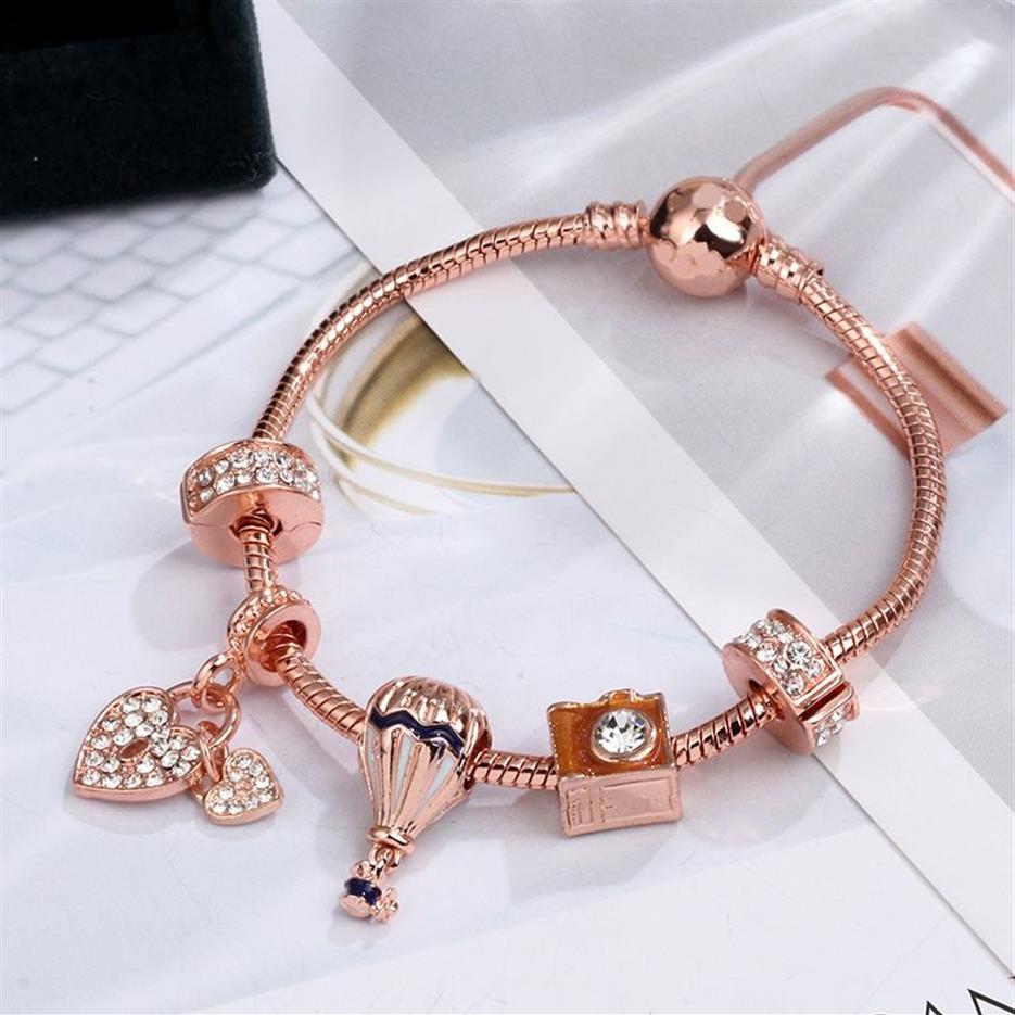 Strands rose gold romantic balloon beaded bracelet diy fashion girl diamond-encrusted heart pendant bracelet308T