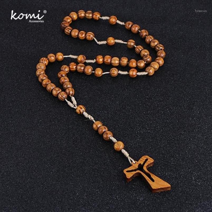 Collane con ciondolo Komi cattolico Cristo ortodosso perline di legno collana con croce cava donne uomini religiosi Gesù rosario gioielli Gi254p