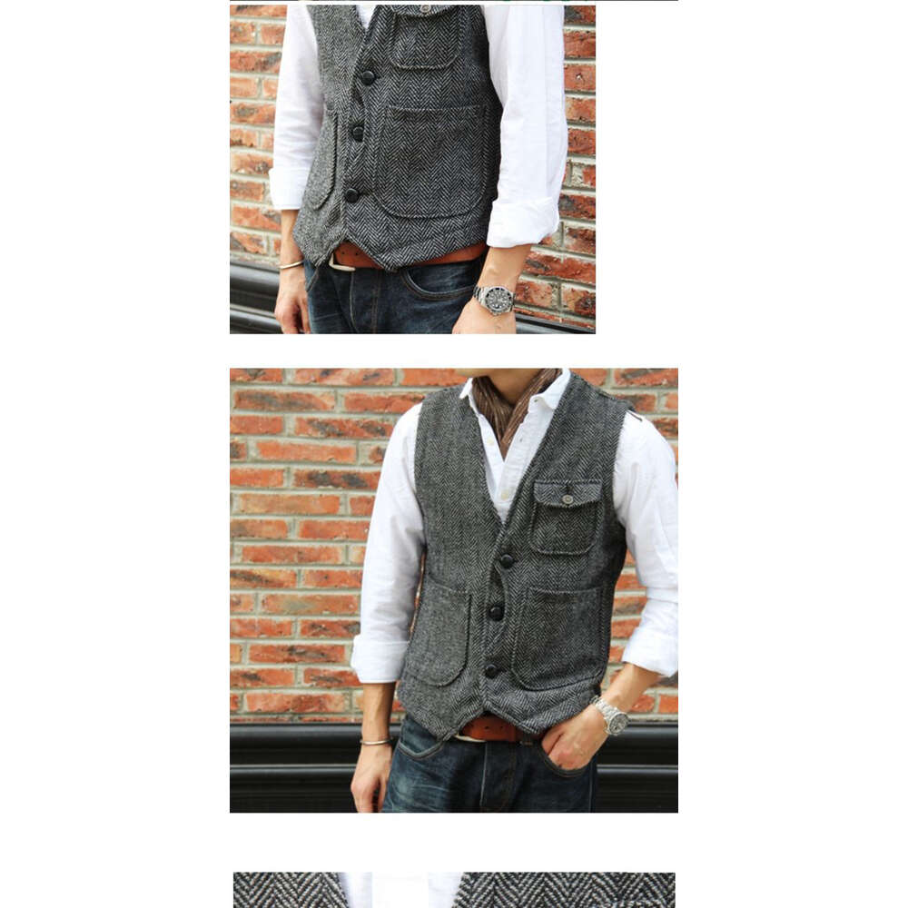 Heren Vintage Tweed Pak Single Breasted Fashion V-hals Wol Casual Vest Bruiloft Bruidsjonkers Tuxedo