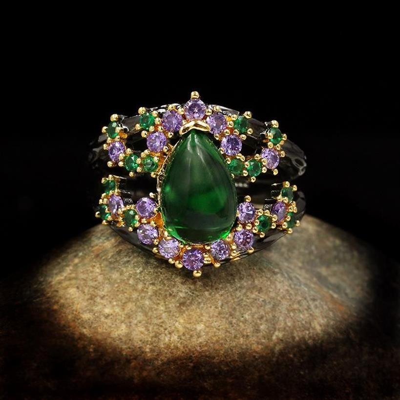 Retro Fashion Luxury Elegant Amethyst Wild Hollow Green Jade Large Water Droplet 14K Black Gold Ring Women's Brand Jewelry Cl233I