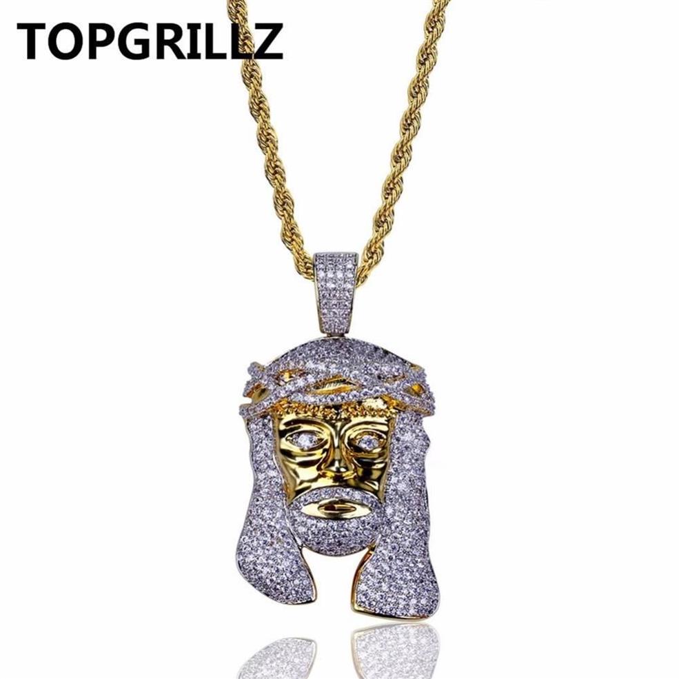 TOPGRILLZ Gold Color Plated Iecd Out HipHop Micro Pave CZ Stone Pharaoh Head Pendant Necklace With 60cm Rope Chain232Z