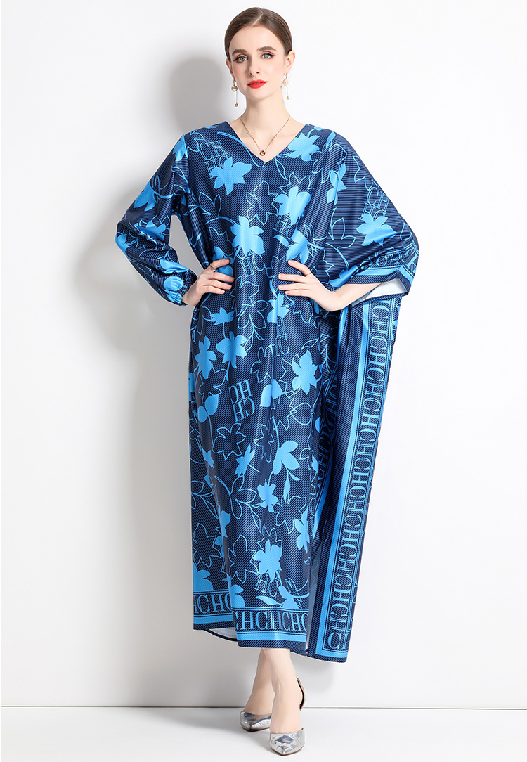 Moda solta impressão vestido feminino com decote em v manga batwing longo robes casual feminino verão elegante boho vestidos