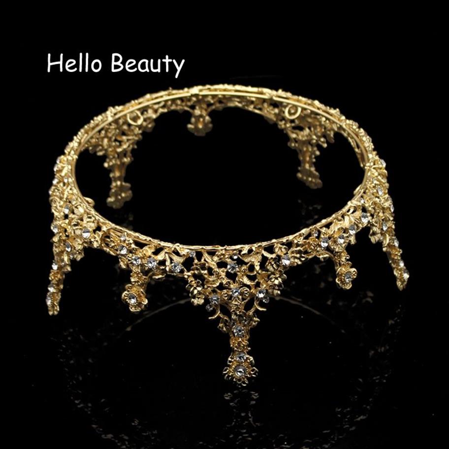 Guldfärg barock vintage män diadem stor kristall full runda prom king krona bröllop pageant drottning tiara brud hår smycken y19264k