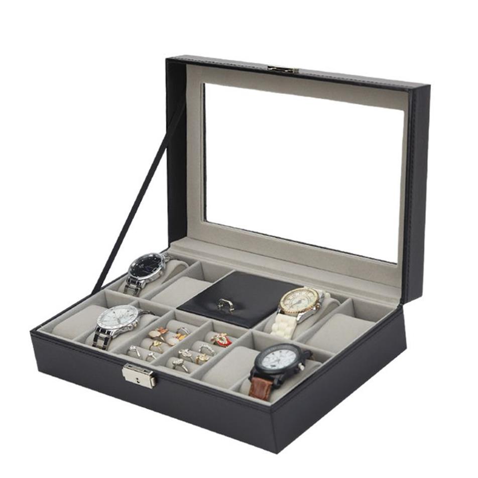 Mode Zwart Lederen 8 Grids Horlogedoos Ring Case Horloge Organizer Sieraden Display Collectie Opbergdoos Met Glazen Cover249f