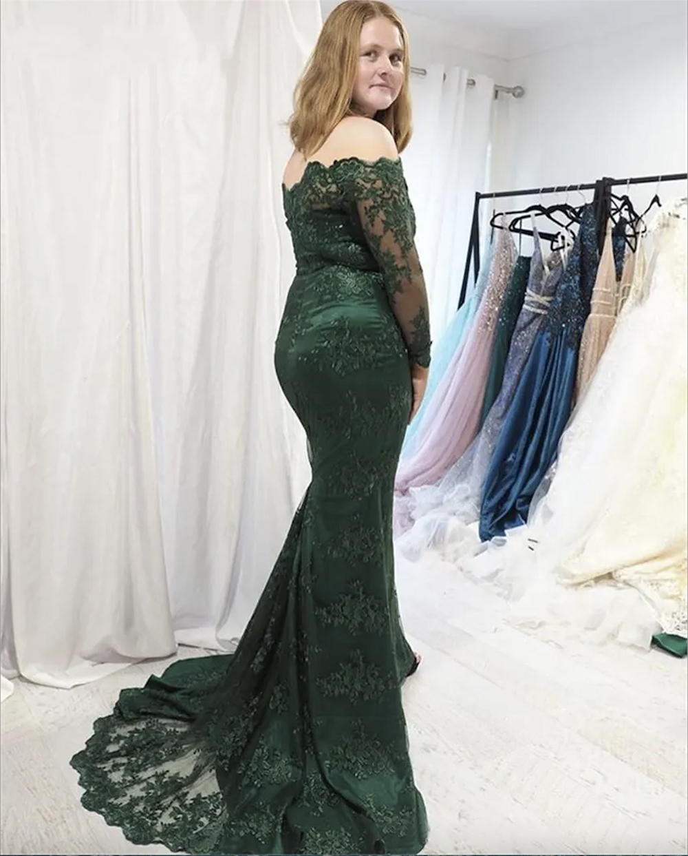 Dark Green Mermaid Lace Evening Dresses Long 2024 Off Shoulder Long Sleeves Appliques Formal Prom Party Gowns vestido de noite Plus Size