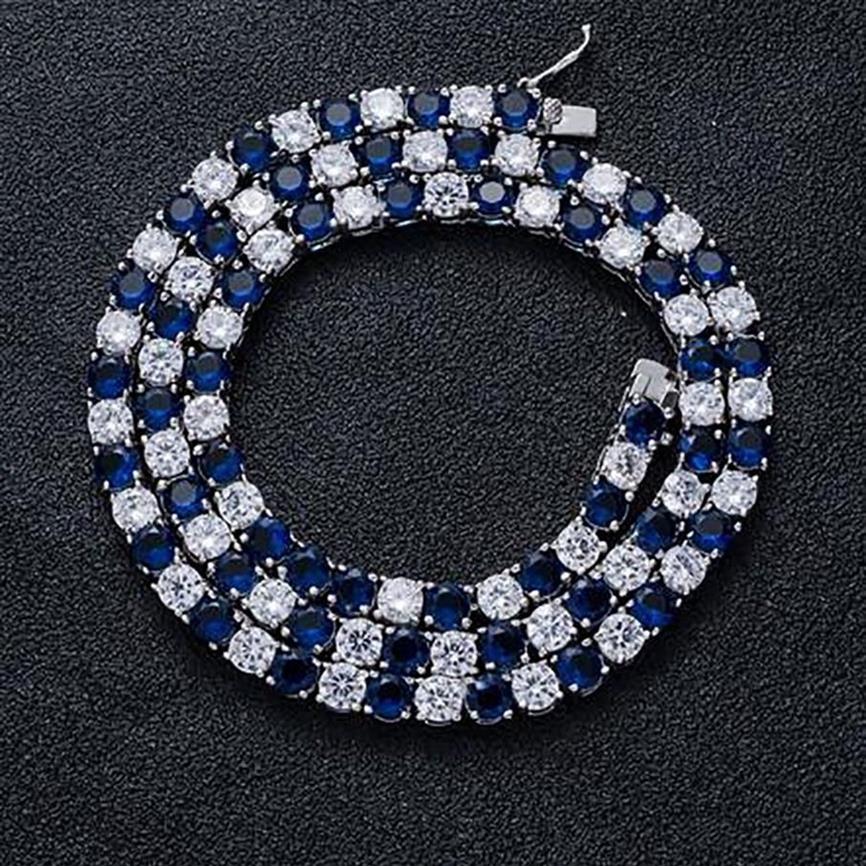 14K blauer Saphir, weißer Zirkon, Tennis-Edelstein, Kupferkette, Halskette, 5 mm, kubische Zirkonsteine, glitzernde Tenniskette, Hip Hop, 45,7 cm, 22i2228