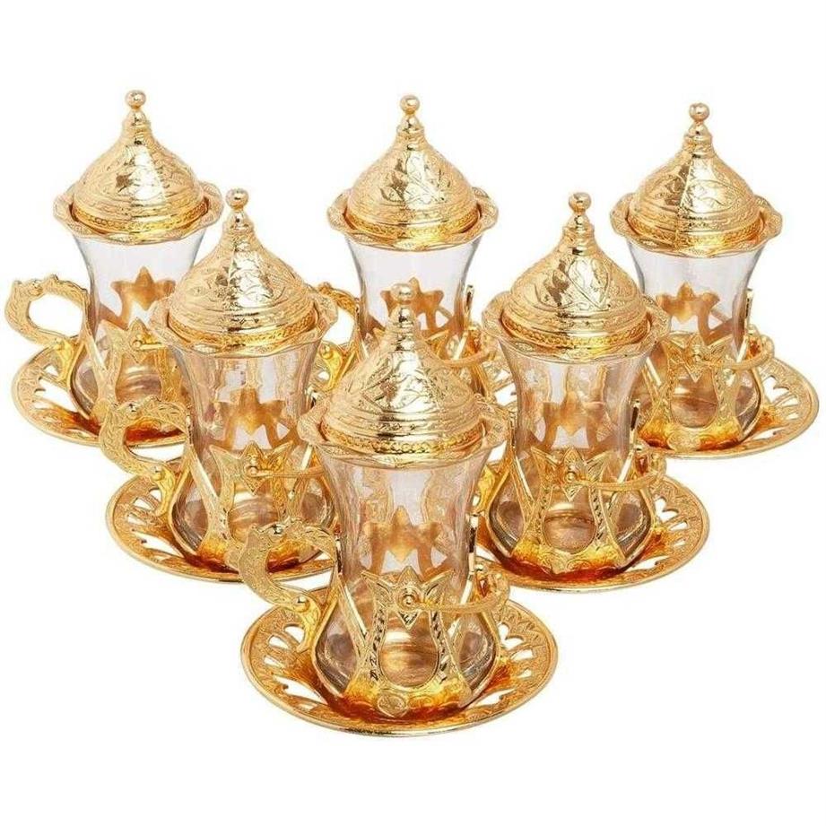 Ottoman Authentic Design Turkish Greek Arabic Tea Set 6 Service Tea Cup Plates & Lids gift3091