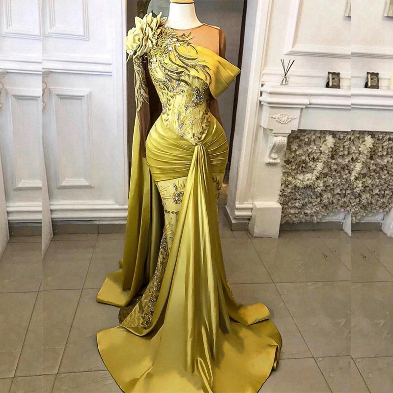 Olive Aso Ebi Prom Dresses for Special Occasions One Shoulder Mermaid Appliqued Lace Elegant Evening Dresses Promdress Second Recepetion Party Gala Gowns NL143