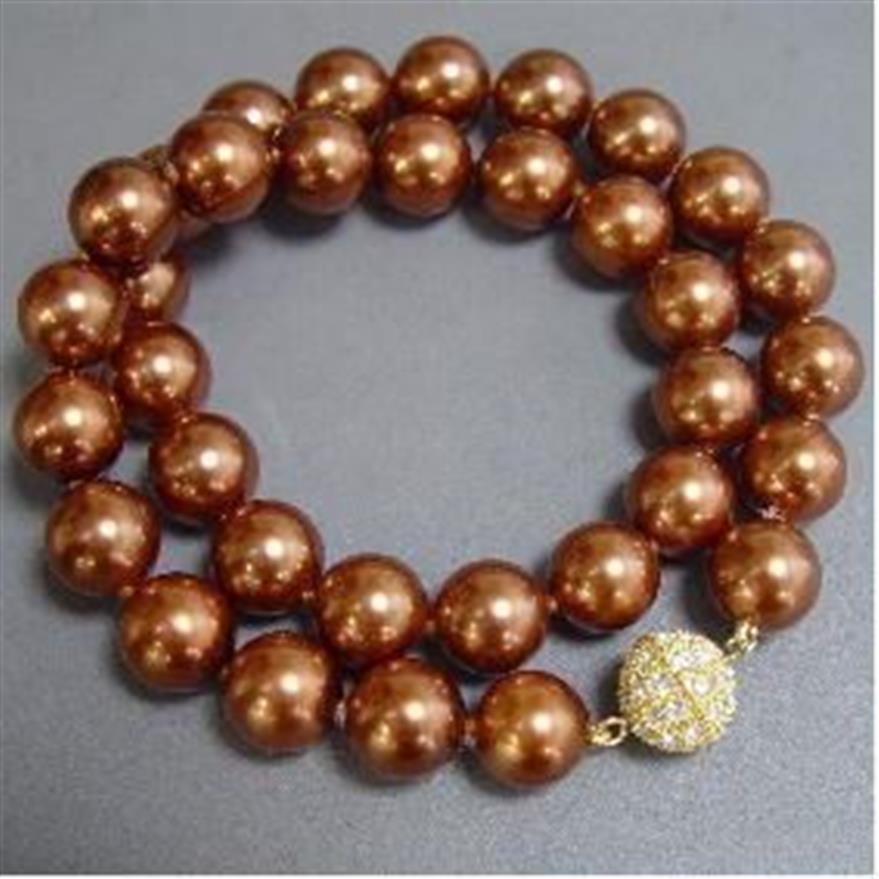Shell Jewellery 12mm Brown Color South Sea Shell Pearl Necklace Rhinestone Magnet Clasp New 210E