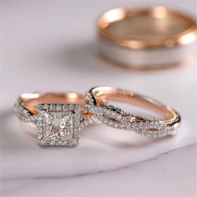 Wedding Rings Luxury Princess Cut Cubic Rose Gold Zircon Bridal Marriage Set Elegant Accessories Brilliant Women Jewelry239S