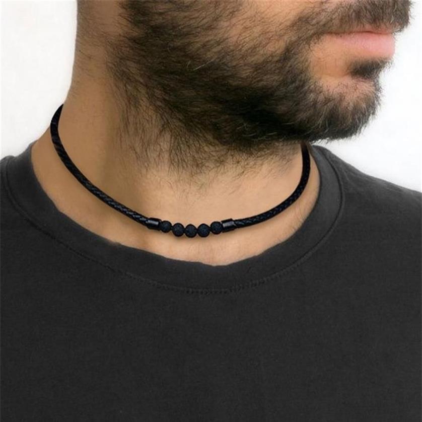 Men's Lava Stone Rock Braid Leather Choker Necklace Men Boho Hippie Male Jewelry Surf Necklaces in Black Color 220212304R