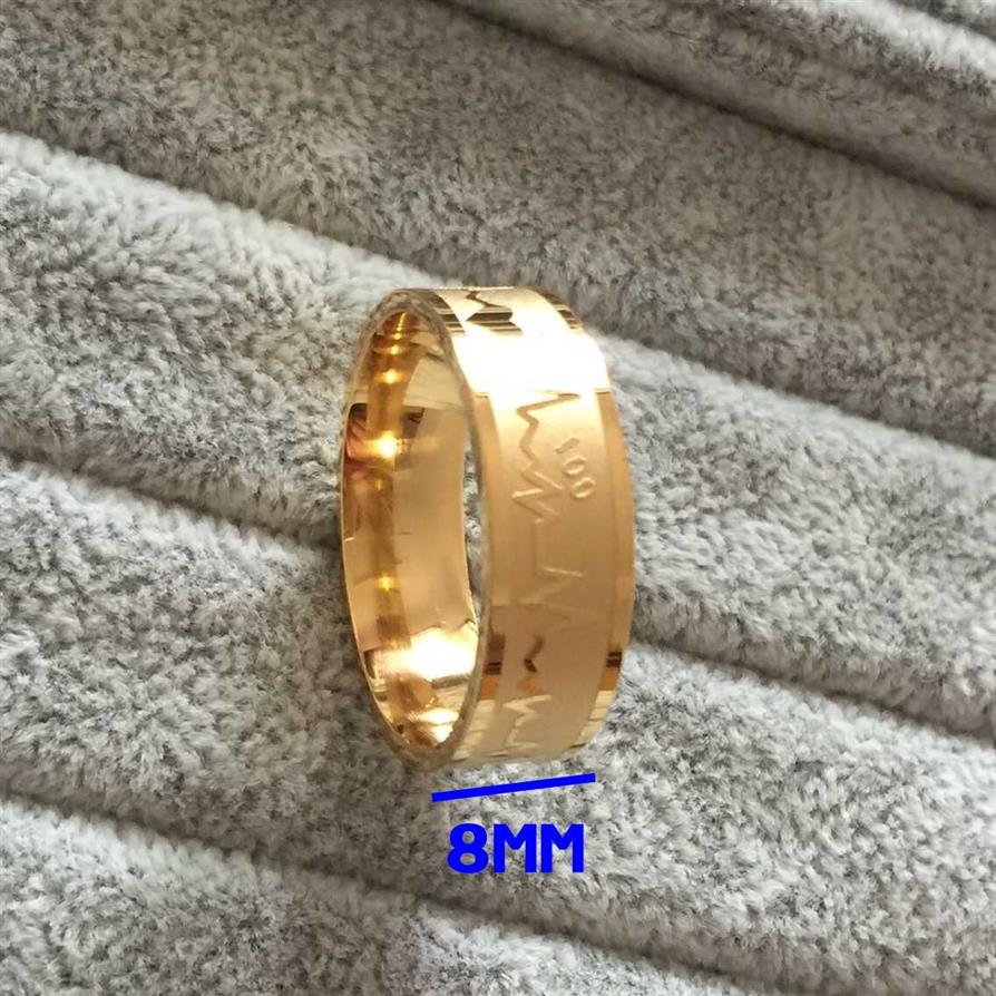 Mode 8mm Falling In Love Rings Gold Color 316l Titanium Steel Solid ECG Heartbeat 100 Love Ring Women Girls Alliance300p