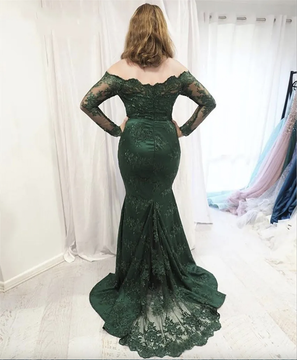 Dark Green Mermaid Lace Evening Dresses Long 2024 Off Shoulder Long Sleeves Appliques Formal Prom Party Gowns vestido de noite Plus Size