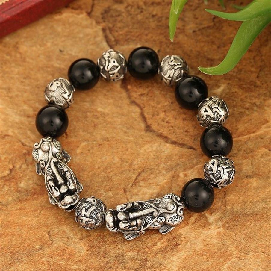 Versilberter Reichtum 3D Double Pixiu Charm Naturstein Buddha Perlen Armband Feng Shui Herrenschmuck238D