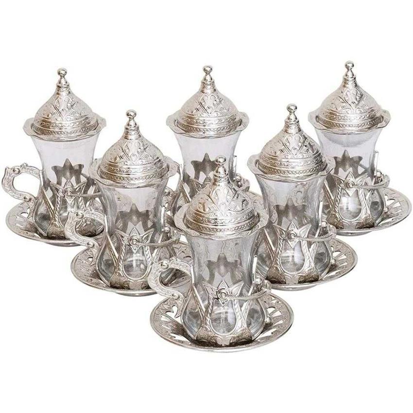 Ottoman Authentic Design Turkish Greek Arabic Tea Set 6 Service Tea Cup Plates & Lids gift3091
