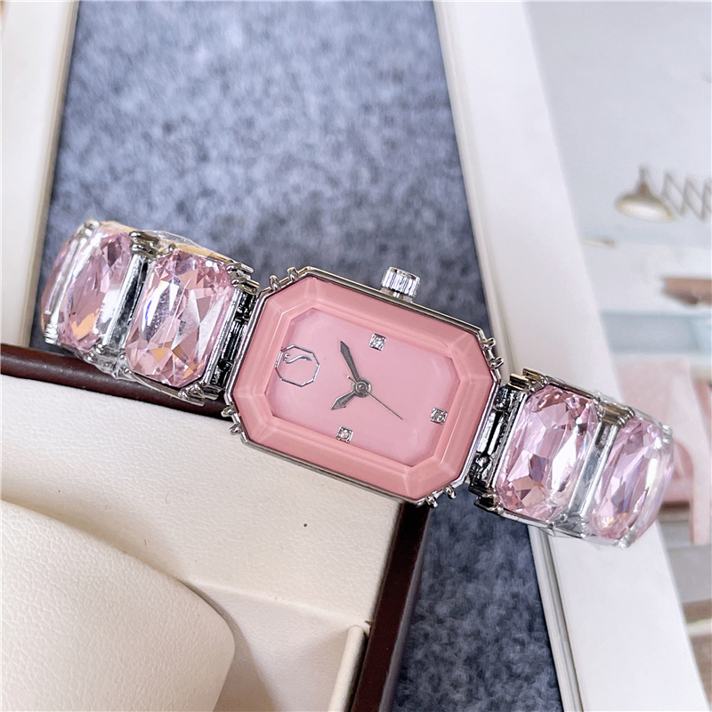 Mode volledige merk polshorloges dames meisje kleurrijke edelstenen stijl stalen metalen band quartz luxe met logo klok SW72