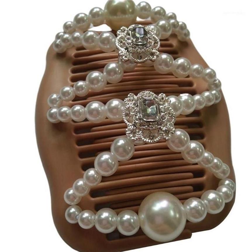 Kvinnor Magic Double Hair Comb Imitation Wood Pearl Clip Stretchy Hairpin Bead DIY C6UD1230L