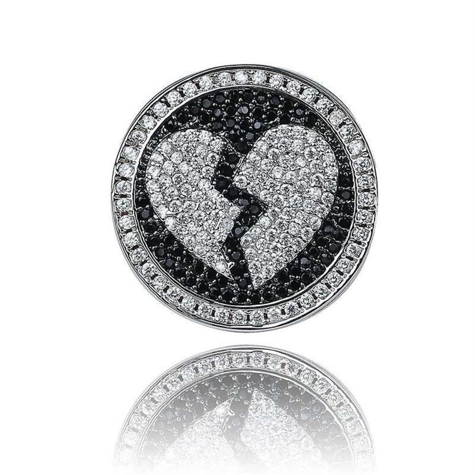Whole- iced out broken heart cluster rings for men luxury designer bling black white diamond ring silver love statement jewelr224o