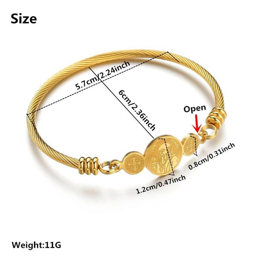 Uzone Design San Benito Bracelet Gold Stainless Steel Religious Cross Medal Bangles For Women Fashion Jewelry Gift Pulsera Bangle217D