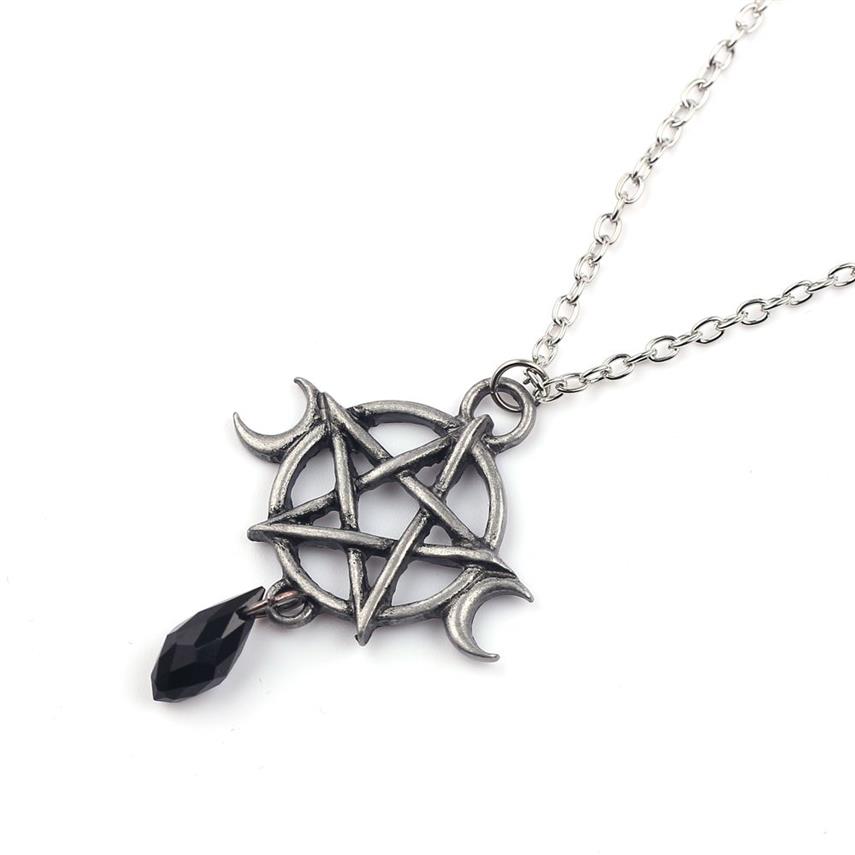 Supernatural Pentagram Moon Necklace Black Crystal Pendant Witch Protection Star Amulet For Women Charm smycken Tillbehör GIFT1282N