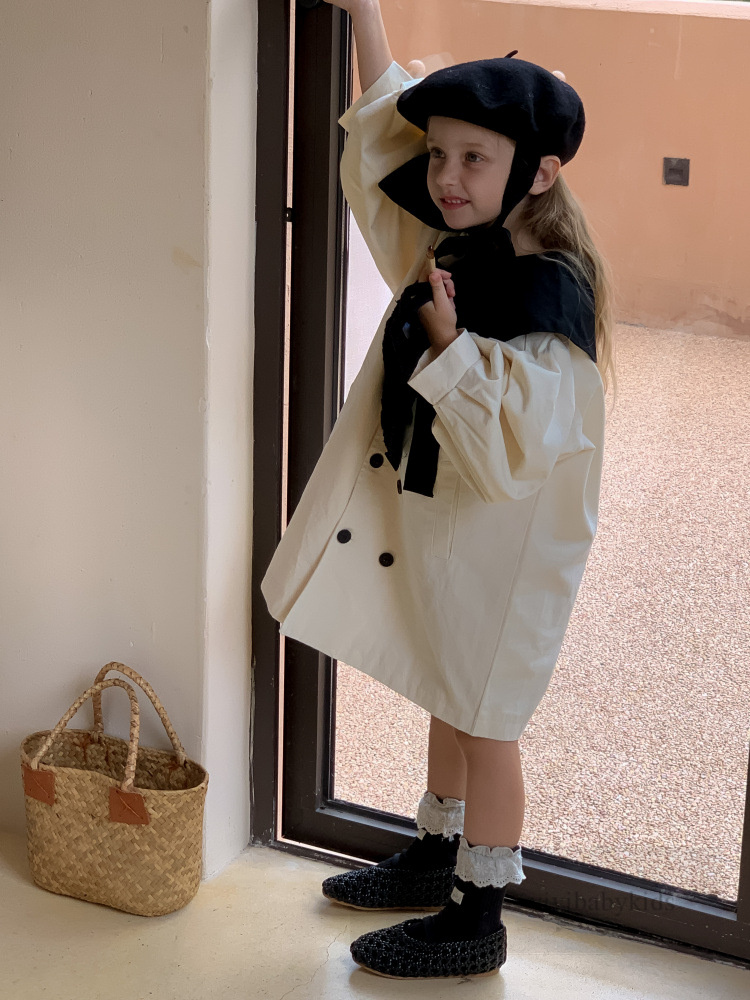 Preppy style enfants long trench-coat filles patchwork couleur revers double boutonnage princesse vêtements d'extérieur 2024 printemps vêtements pour enfants Z6316