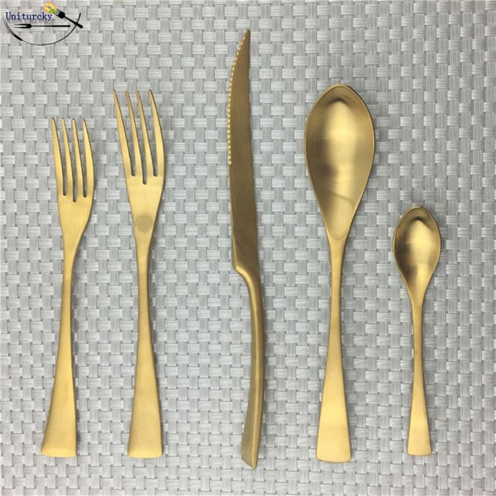 5 20 30st. Matt 304 Rostfritt stål Silverware Gold Cutlary Steak Lnife Teskoon Dinner Fork Scoop Cogervis Diskmaskin Safe1978