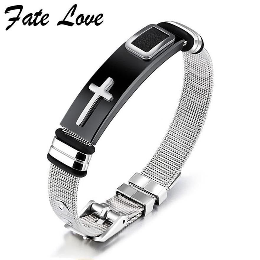 Fate love clássico cruz pulseira masculina joias de aço inoxidável comprimento de malha ajustável cor dourada pulseiras de joias masculinas 260f