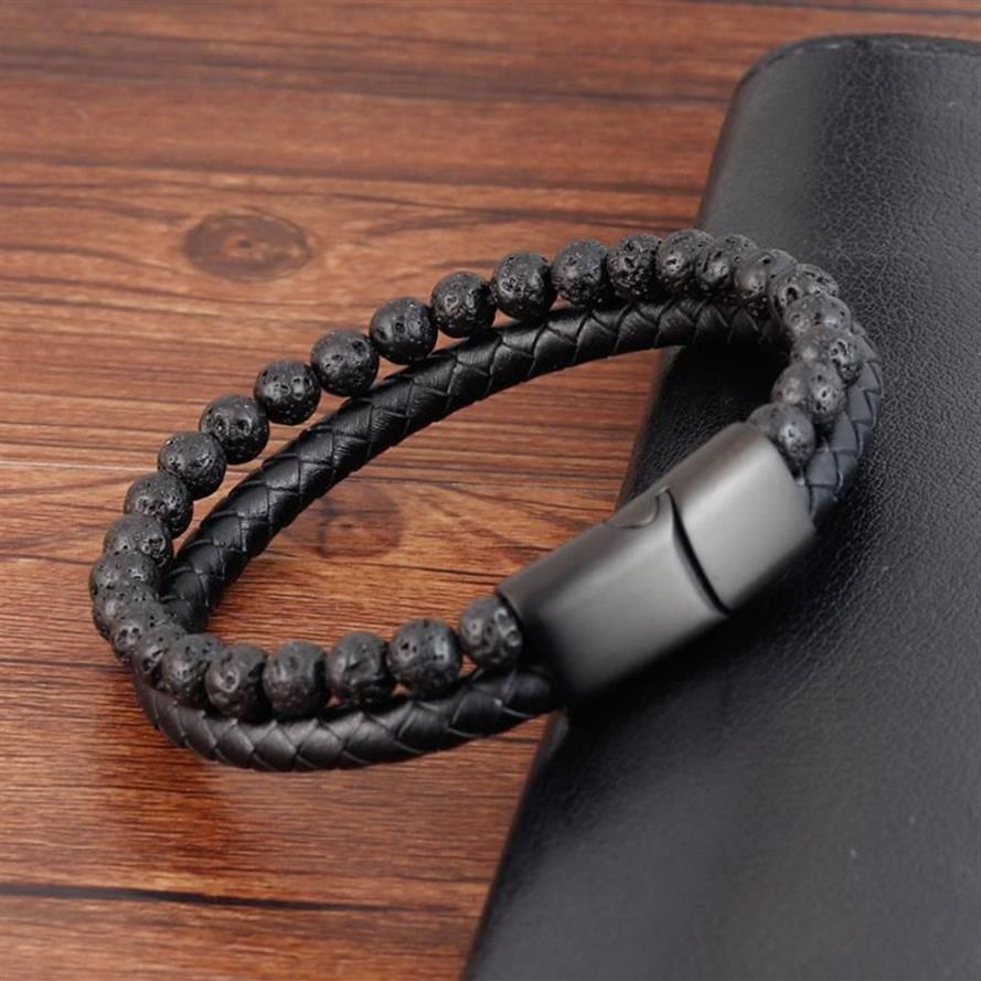 Men Beacelets Natural Volcano Stone Leather Magnetic-clasp Cowhide Braided Trendy Bracelet Armband Pulsera Hombre Drop2156