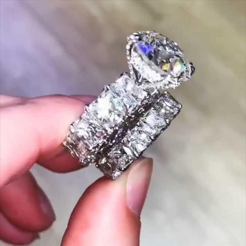 Marca de luxo jóias 925 prata esterlina casal anéis grande topázio branco cz diamante pedras preciosas feminino casamento anel de noiva set231a